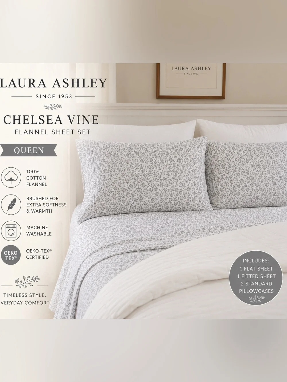 NWT Laura Ashley Chelsea Vine Gray 100% Cotton Flannel Sheet Set Queen